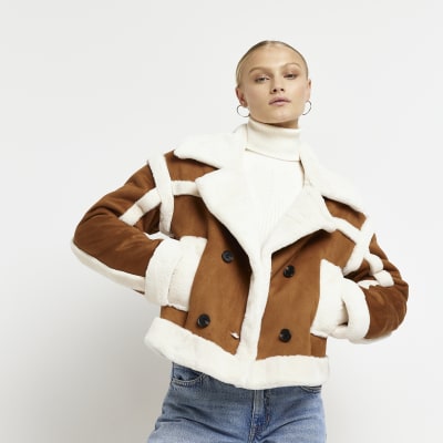 Brown faux fur cropped aviator jacket River Island
