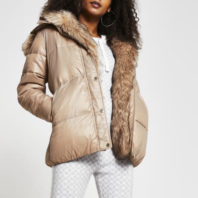 Brown faux fur hooded puffer coat | River Island