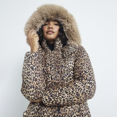 Brown Faux Fur Leopard Puffer Jacket River Island