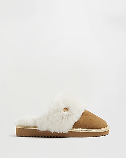 Brown faux fur lined suede slippers