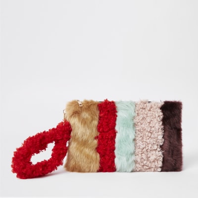 Brown faux fur panel clutch bag