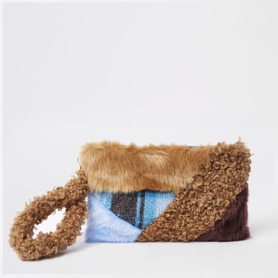 Brown faux fur patch clutch bag