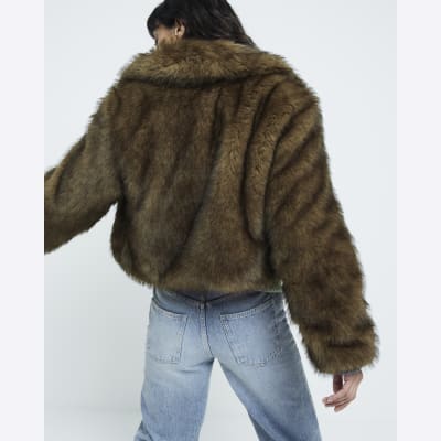 Short brown faux fur jacket online