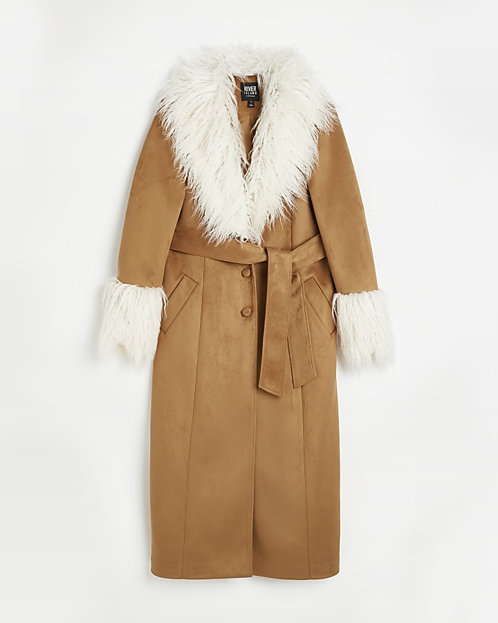Brown faux fur suedette longline coat