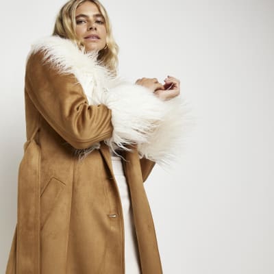 Brown faux fur suedette longline coat