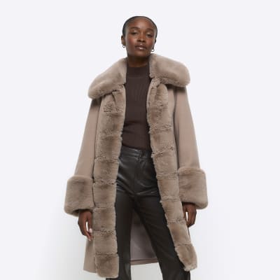 Brown faux fur trim coat | River Island