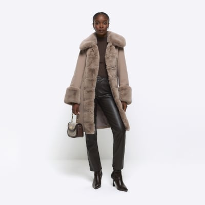 Brown faux fur trim coat