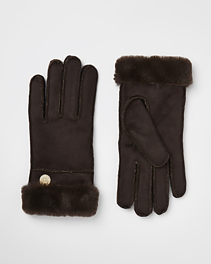 Brown faux fur trim gloves