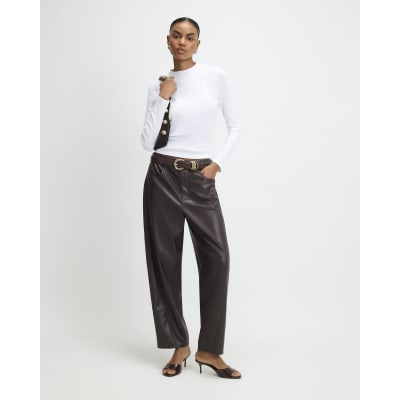 Brown Faux Leather Barrel Leg Trousers
