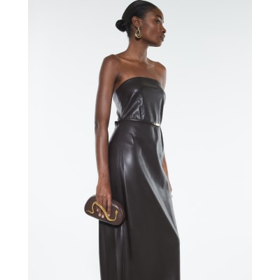 Brown Faux Leather Belted Bandeau Midi Dress