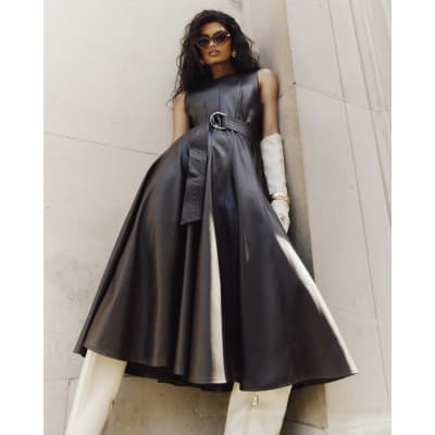 Faux Leather Belted Midi Dress