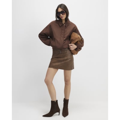 Brown Faux Leather Belted Mini Skirt