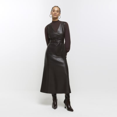 Brown faux leather belted swing midi dress | River Island