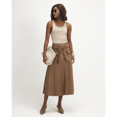 Faux Leather Belted Utility Midi Skirt