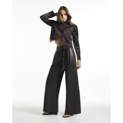 Faux Leather Belted Wide Leg