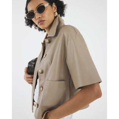 Brown Faux Leather Button Through Shirt