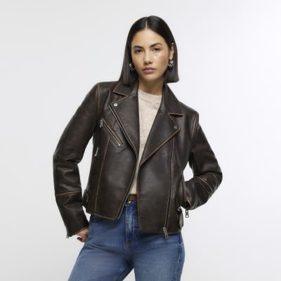 Brown faux leather distressed biker jacket | River Island