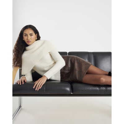 Brown Faux Leather Distressed Mini Skirt