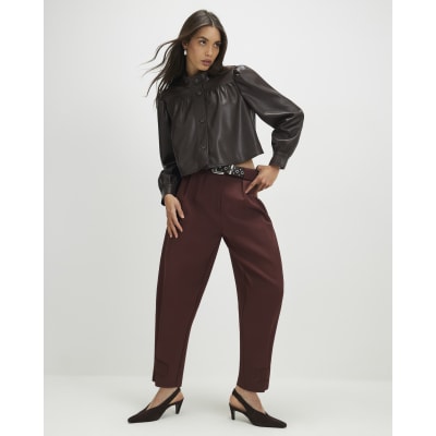 Brown Faux Leather Gathered Sleeve Jacket