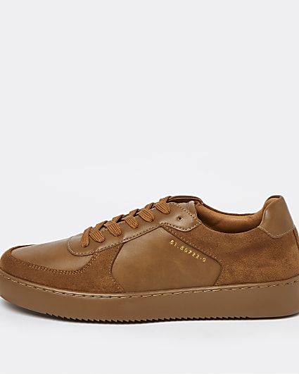 Brown faux leather lace up trainers