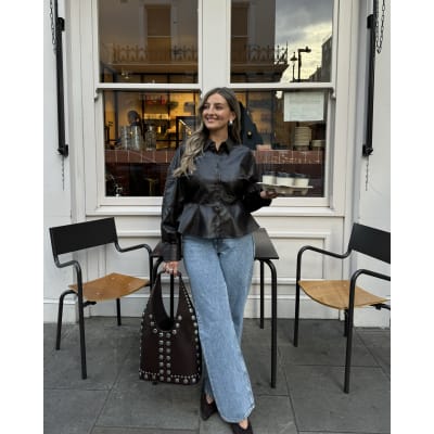 Brown Faux Leather Long Batwing Sleeve Shirt