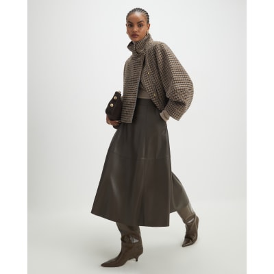 Brown Faux Leather Midi Skirt