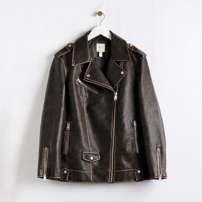 Brown faux leather oversized biker jacket | River Island