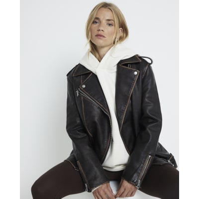 Leather biker jacket with mini monogram print