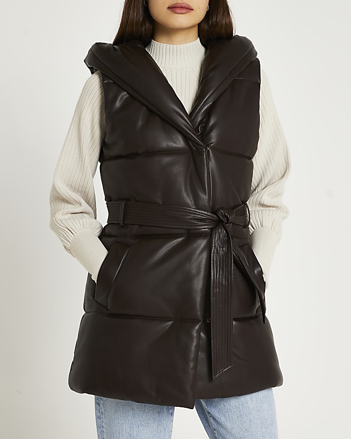 Brown faux leather padded gilet