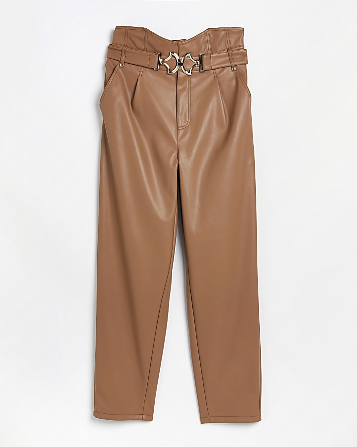 Brown faux leather paperbag straight trousers