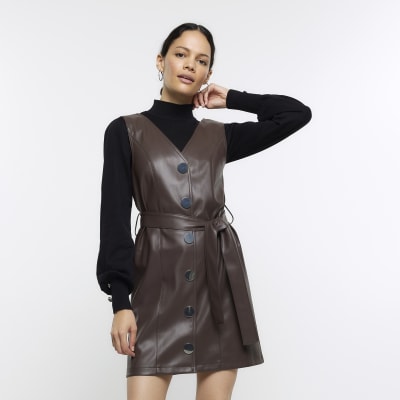 Brown Faux Leather Pinafore Mini Dress River Island 4338