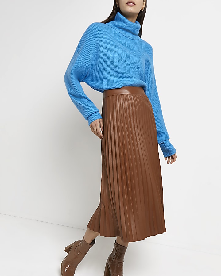 Brown faux leather pleated midi skirt