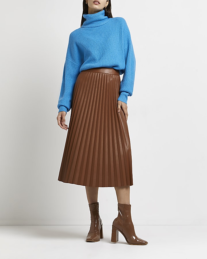 Brown faux leather pleated midi skirt