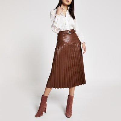 Brown faux leather pleated midi skirt | River Island