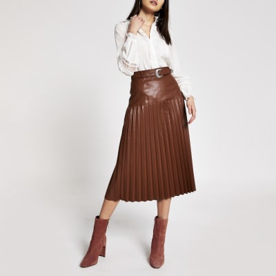 Brown Faux Leather Pleated Midi Skirt River Island 5654