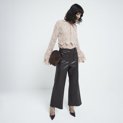 Brown faux leather pocket straight trousers