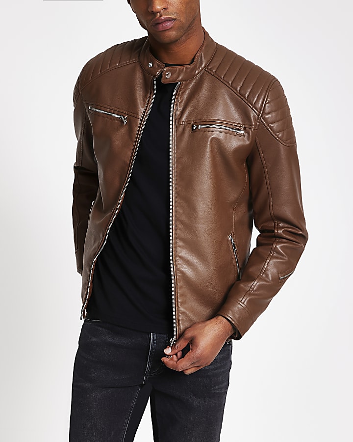Brown faux leather racer jacket