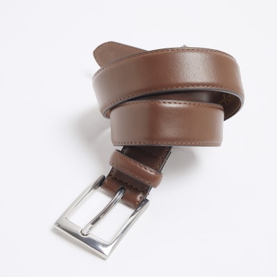 Brown Faux Leather RI Belt | River Island