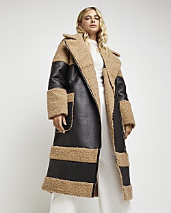 Brown faux leather shearling longline coat