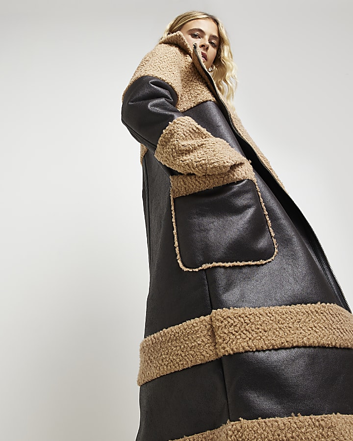 Brown faux leather shearling longline coat