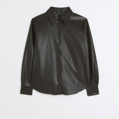 Brown faux leather shirt River Island