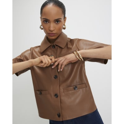 Brown Faux Leather Short Sleeve Pocket Shirt