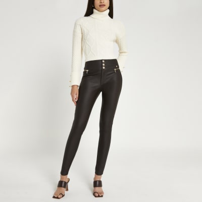 brown faux leather trousers