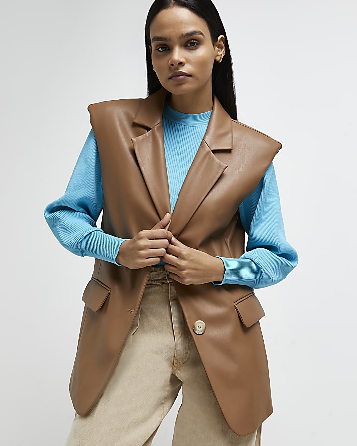 Brown faux leather sleeveless blazer