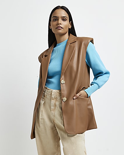Brown faux leather sleeveless blazer