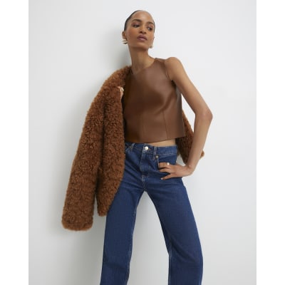 Brown Faux Leather Sleeveless Top