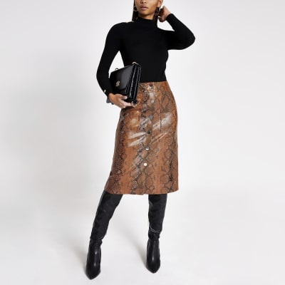 Brown faux leather snake print midi skirt | River Island