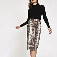Brown faux leather snake print pencil skirt