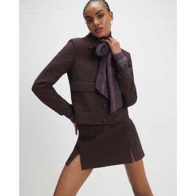 Brown Faux Leather Split Hem Mini Skirt
