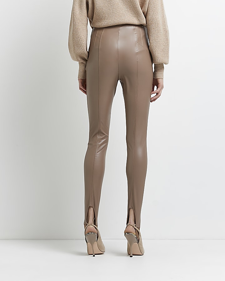 Brown faux leather stirrup leggings
